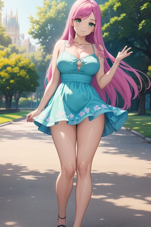 1 girl, 19 years old, Long pink hair, green eyes with slit pupils, master-piece, best quality, (standing up), (short dress), (floral, spaghetti strap, short blue summer light blue dress), (Big , ultra gigantic , Super super big, Glamorous body), Make eye contact with the camera, front figure, looking forward, (light_Smile:1.5), (Detailed hands and fingers:1.2) (In the sunny park), (FULL BODYSHOT), thighs thighs thighs thighs、beauty legs、Bare legs