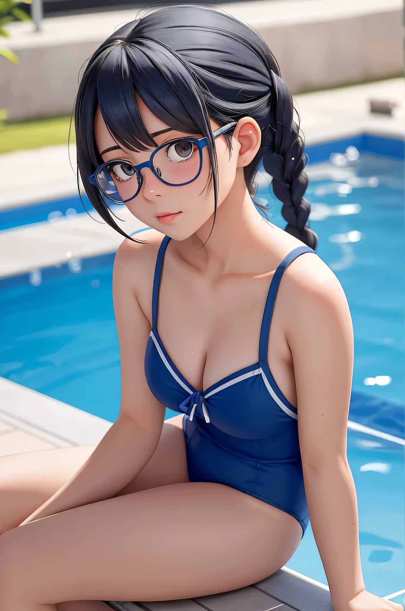 (masterpiece), best quality, high resolution, highly detailed, detailed background, perfect lighting, The student council girl with twin braids and glasses whom you don't know that she's a pervert until looking prompts, in a blue swimsuite, sitting at the edge of the pool