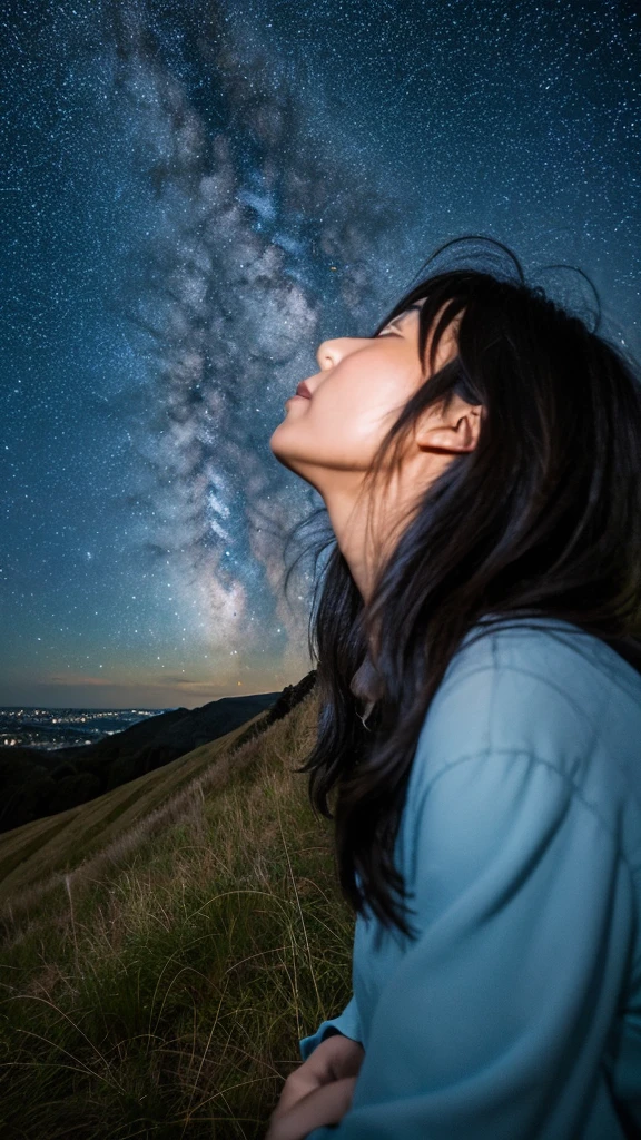 A black-haired Japanese woman with bob hair on a hill looking up at the starry sky