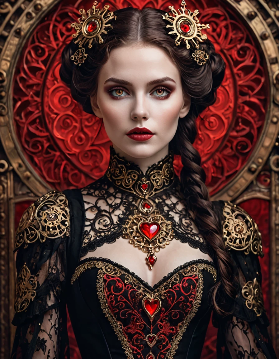 steampunk style surrealist art cinematic photo A hauntingly beautiful dark fantasy illustration , featuring a mystical female figure with striking red eyes, pale skin, and an alluring aura. Her intricately designed heart-shaped motifs adorn her hair, face, and attire, creating a mesmerizing visual effect. She wears a corset-style top with captivating heart patterns and a flowing garment that accentuates her ethereal grace. The predominantly monochromatic color scheme is accentuated by vibrant splashes of red on her cheeks and around her eyes, drawing focus to her mesmerizing gaze. The minimalistic background highlights the central figure, allowing her to command attention in all her enchanting splendor., vibrant, illustration, dark fantasy . 35mm photograph, film, bokeh, professional, 4k, highly detailed . dreamlike, mysterious, provocative, symbolic, intricate, detailed . antique, mechanical, brass and copper tones, gears, intricate, detailed