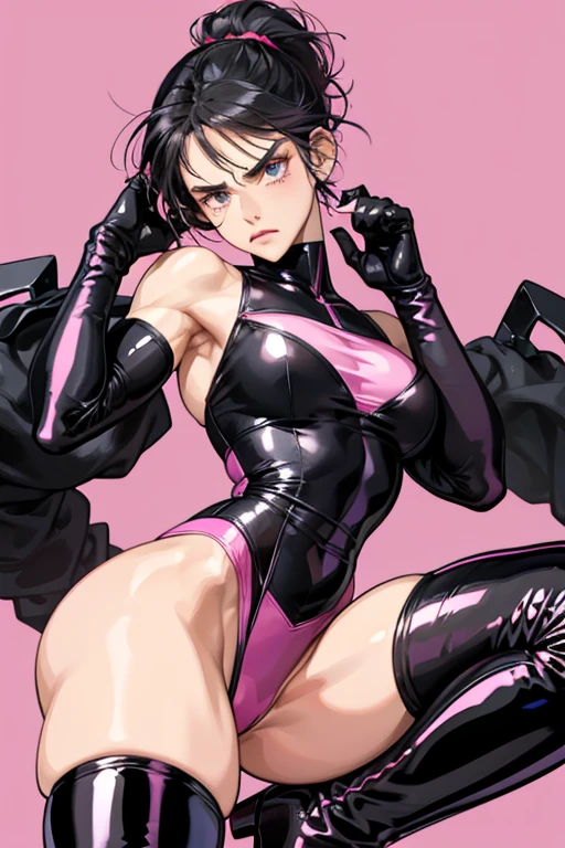 A muscular mature woman wearing a pink leotard with her black hair tied up, cyber goggles covering her eyes, black patent leather long gloves and knee-high black patent leather boots.　　Displeased expression