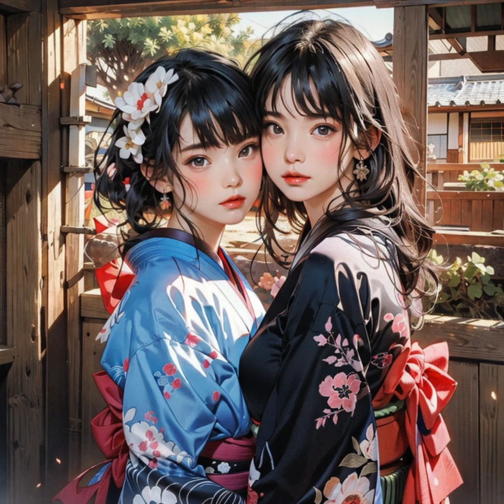 (highest quality、8k、32k、masterpiece)、(masterpiece, up to date,Exceptional:1.2), Anime, One girl,Front hair,black_hair, Beautiful 8k eyes,Looking_in_Audience,One person in,Are standing,((Very beautiful woman, Fuller lips, Japanese pintern kimono))、((Colorful Japanese kimono)))、(((Medium Shot)))、Blunt bung、(High resolution)、Very beautiful face and eyes、1 girl 、Round and small face、Narrow waist、delicine body、(highest quality high detail Rich skin details)、(highest quality、8k、Oil paints:1.2)、Very detailed、(Realistic、Realistic:1.37)、Bright colors、(((blackhair)))、(((longhair)))、(((cowboy pictures)))、((( Inside an old Japanese house)))、(masterpiece, highest quality, highest quality, Official Art, beautifully、aesthetic:1.2), (One girl), Very detailedな,(Fractal Art:1.3),colorful,Most detailed,Sengoku period(High resolution)、Very beautiful face and eyes、1 girl 、Round and small face、Tight waist、Delicine body、(highest quality high detail Rich skin details)、(highest quality、8k、Oil paints:1.2)、(Realistic、Realistic:1.37)、Greg Rutkowski Written by Alphonse Mucha Ropp, sun lips