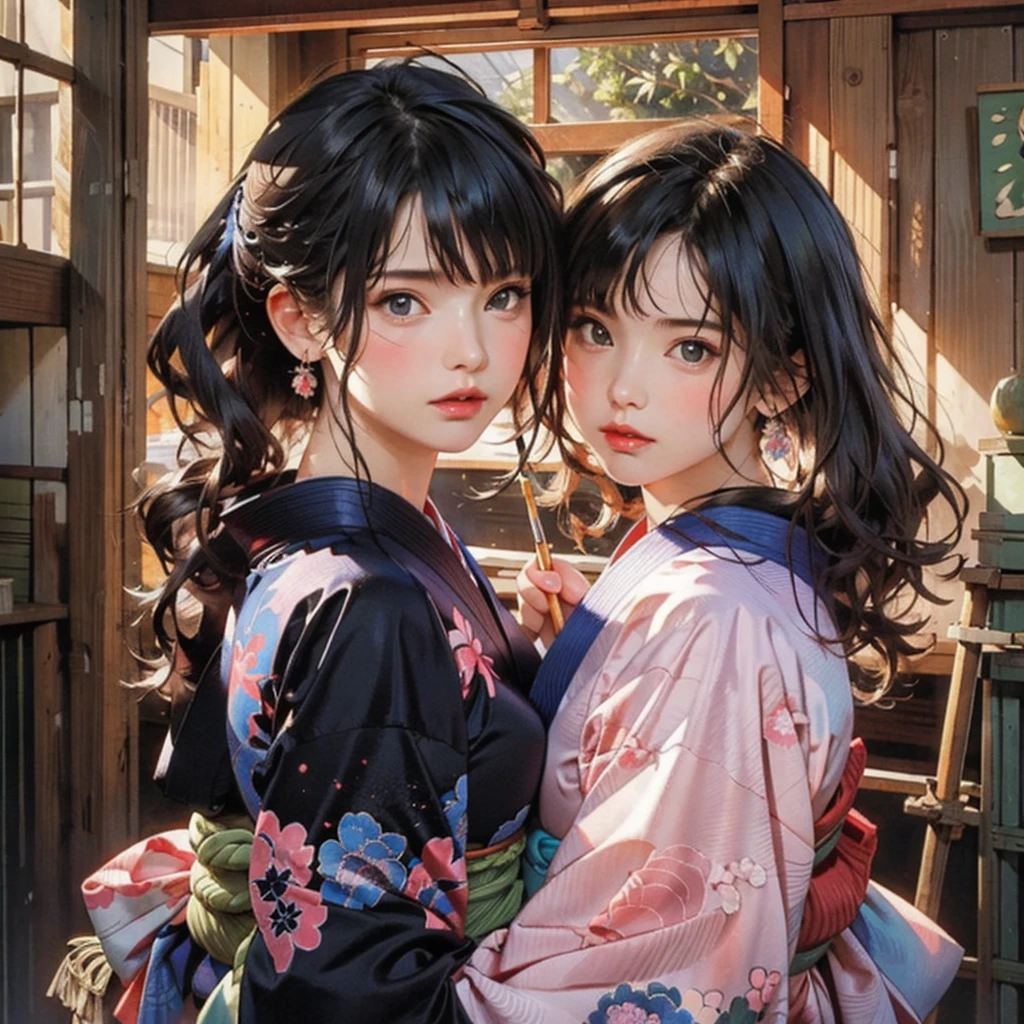 (highest quality、8k、32k、masterpiece)、(masterpiece, up to date,Exceptional:1.2), Anime, One girl,Front hair,black_hair, Beautiful 8k eyes,Looking_in_Audience,One person in,Are standing,((Very beautiful woman, Fuller lips, Japanese pintern kimono))、((Colorful Japanese kimono)))、(((Medium Shot)))、Blunt bung、(High resolution)、Very beautiful face and eyes、1 girl 、Round and small face、Narrow waist、delicine body、(highest quality high detail Rich skin details)、(highest quality、8k、Oil paints:1.2)、Very detailed、(Realistic、Realistic:1.37)、Bright colors、(((blackhair)))、(((longhair)))、(((cowboy pictures)))、((( Inside an old Japanese house)))、(masterpiece, highest quality, highest quality, Official Art, beautifully、aesthetic:1.2), (One girl), Very detailedな,(Fractal Art:1.3),colorful,Most detailed,Sengoku period(High resolution)、Very beautiful face and eyes、1 girl 、Round and small face、Tight waist、Delicine body、(highest quality high detail Rich skin details)、(highest quality、8k、Oil paints:1.2)、(Realistic、Realistic:1.37)、Greg Rutkowski Written by Alphonse Mucha Ropp, sun lips