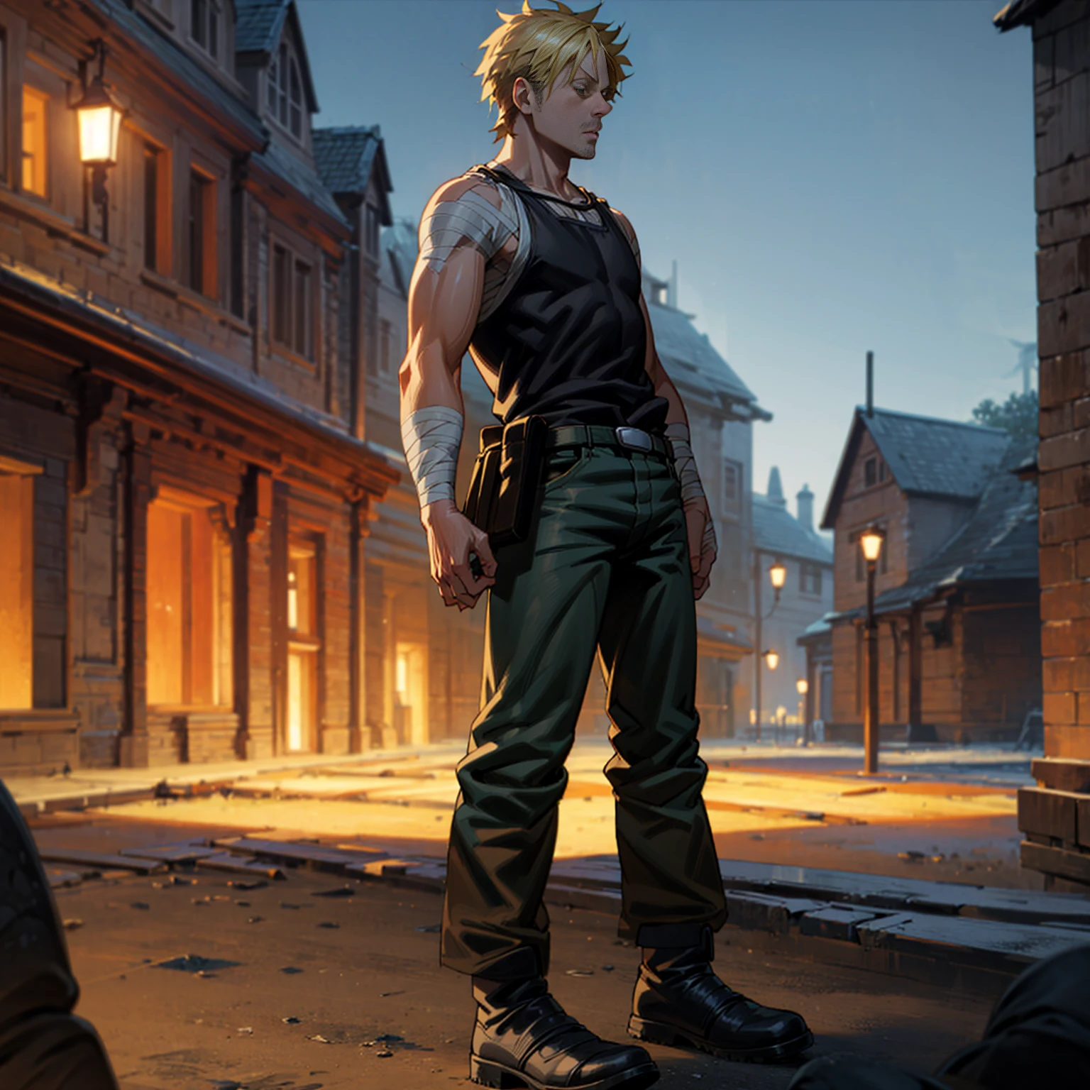 Solo character, full body version, aged man, blonde hair, short haircut, Very tall, black singlet, jeans, bandage, shoes, evening, outdoor, town, (one piece style art)