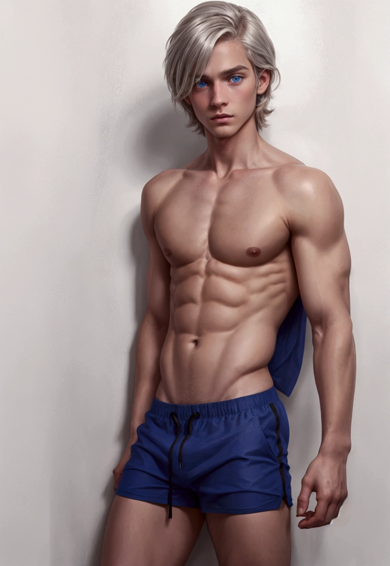 Boy whit Blue eyes, small waist, flat abdomen, platinum-colored medium-length hair, ponle una ropa algo casual