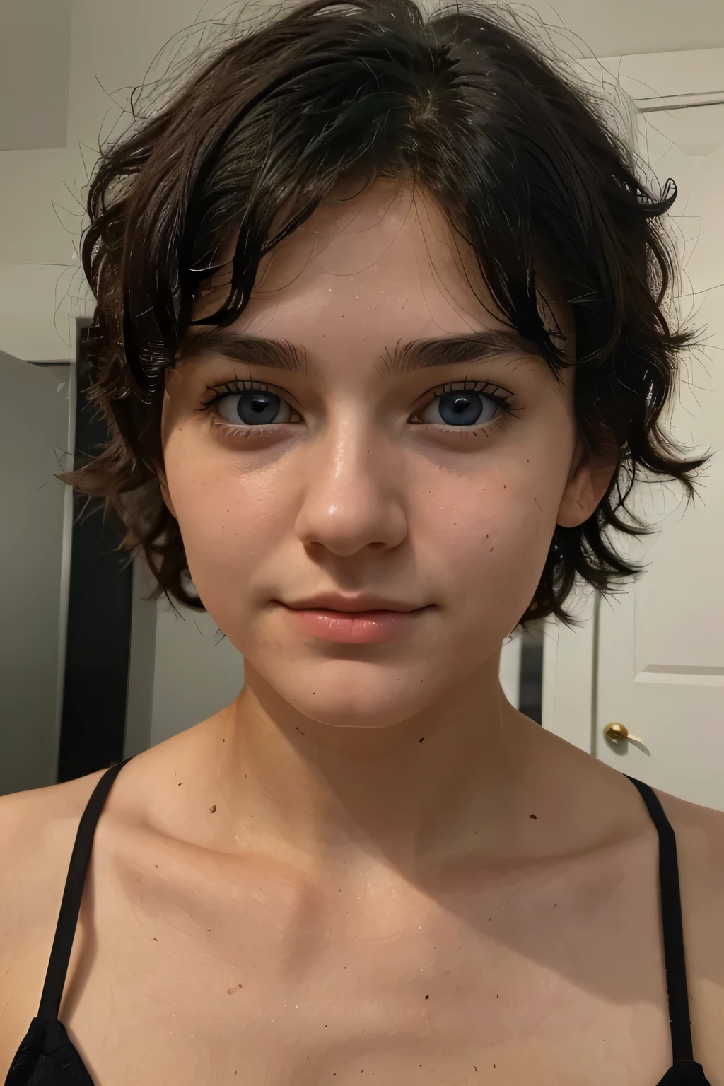 18 year old woman, blue eyes, short semi curly black hair, german guy face, thin nose round at the edge, well defined face