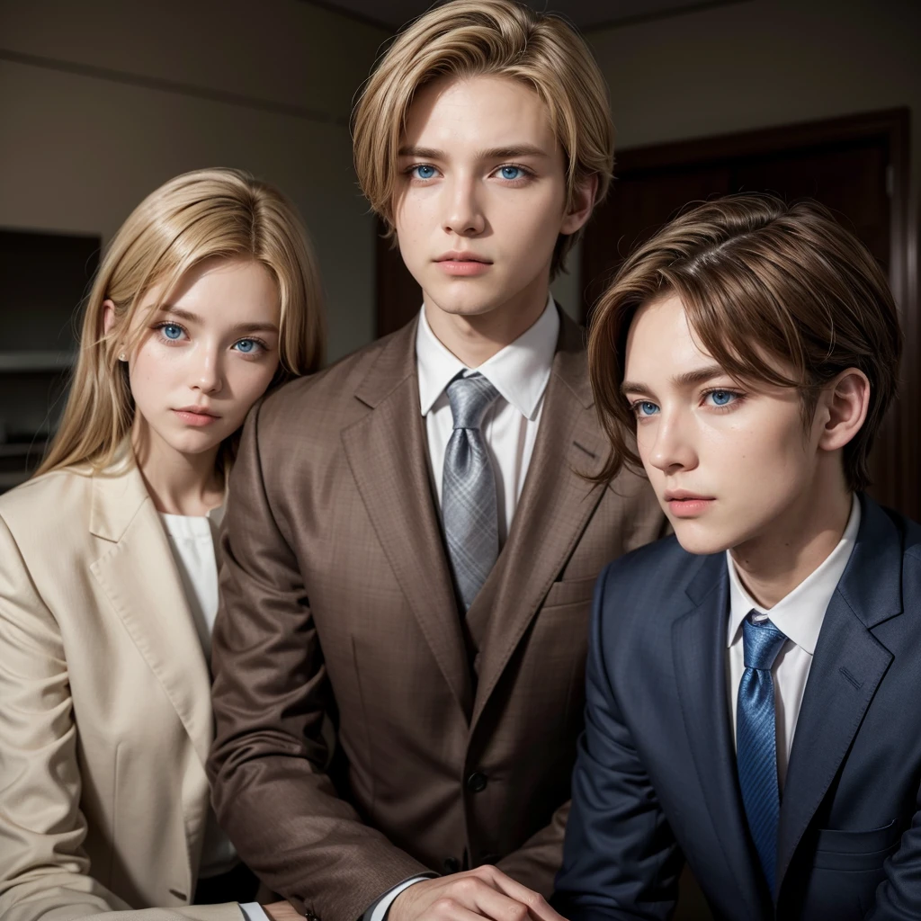 1 blonde woman, 1 man in suit and brown hair. A man with brown hair and blue eyes, behind the two