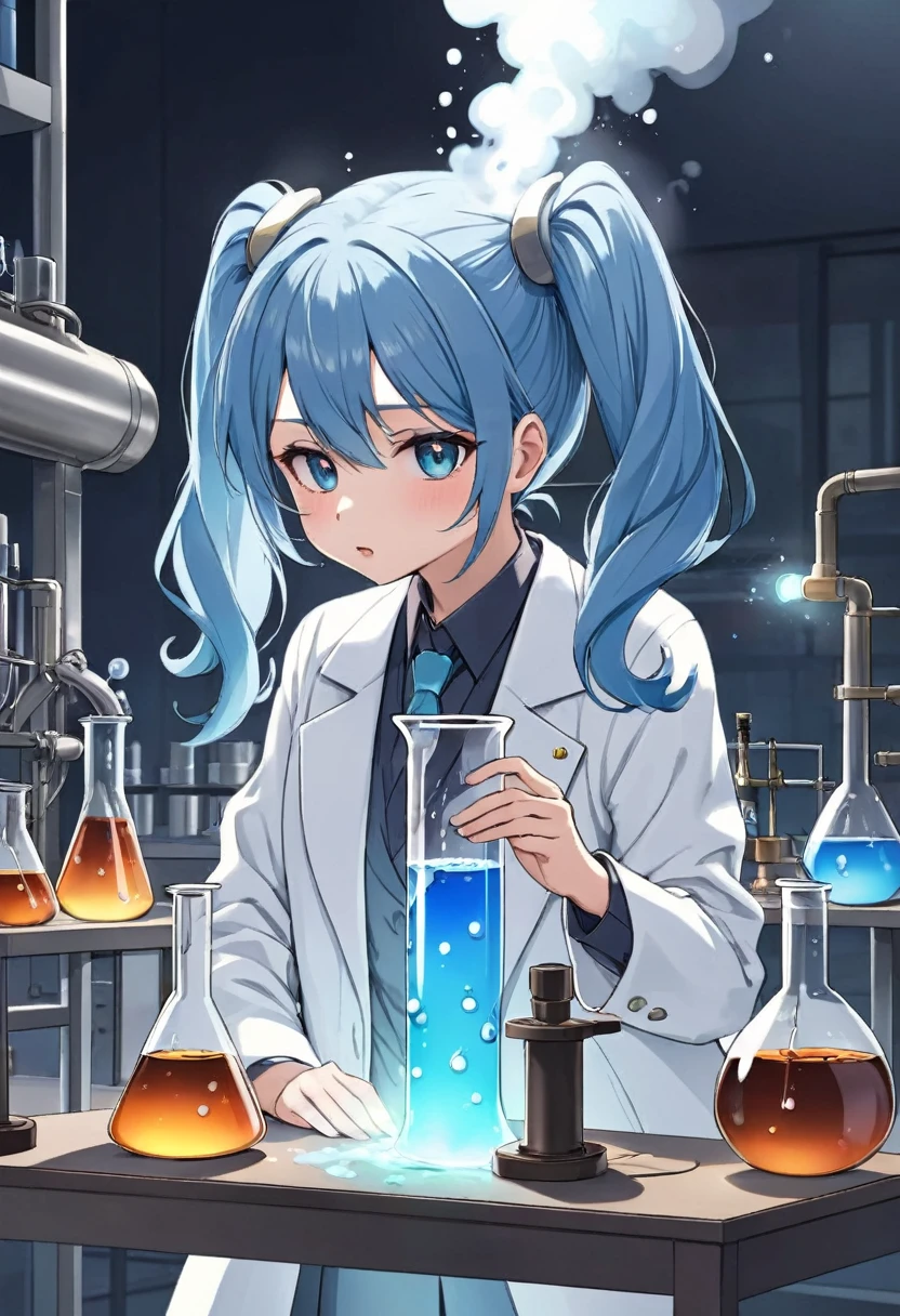 Light blue long hair、Beautiful girl with twin tails、Wearing a white coat during a chemical experiment、Serious face、Laboratory、beaker、flask、Graduated cylinder、Alcohol lamp、Experiment failure、exploded