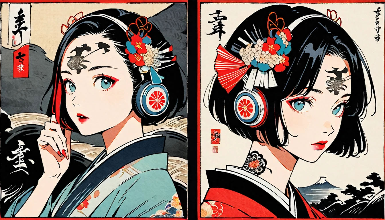 (((Ink Painting))), Fashion portrait color photos, (((twins))), (((Tattoo in the center of the forehead))), (((Very flashy hair accessories))), (((Very flashy makeup))), Japanese style headphones, Bob, front view, Japan人の美少女, Black Hair, Delicate and precise, Modern ukiyo-e style,Japan, Japanese flag