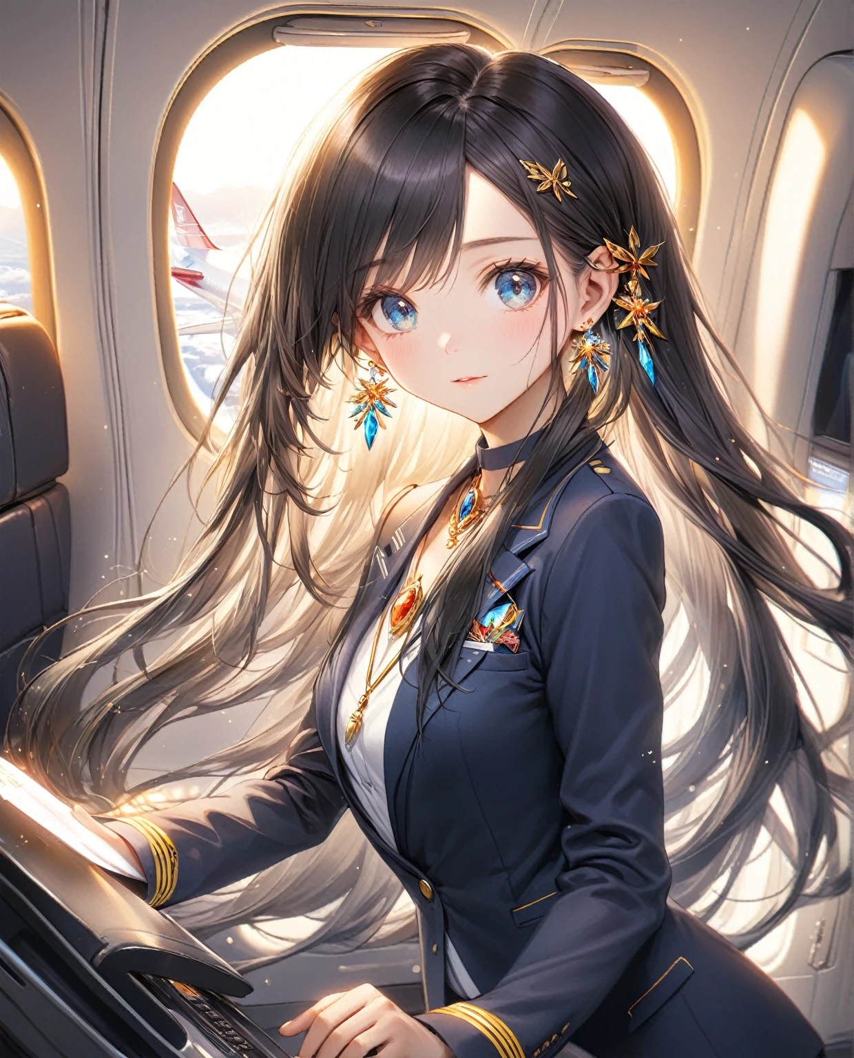 (Highest quality,8k,32K,masterpiece,Ultra-high resolution :1.2 ),born,One girl,Super cute,Natural light,Clear, shining eyes,20-year-old,Fair skin,Fantasy background of the electronic world inside the plane,The noble earrings are shining,The noble necklace shines,Black Hair,Long Hair,Long Straight Hair,Cabin attendant,stewardess
