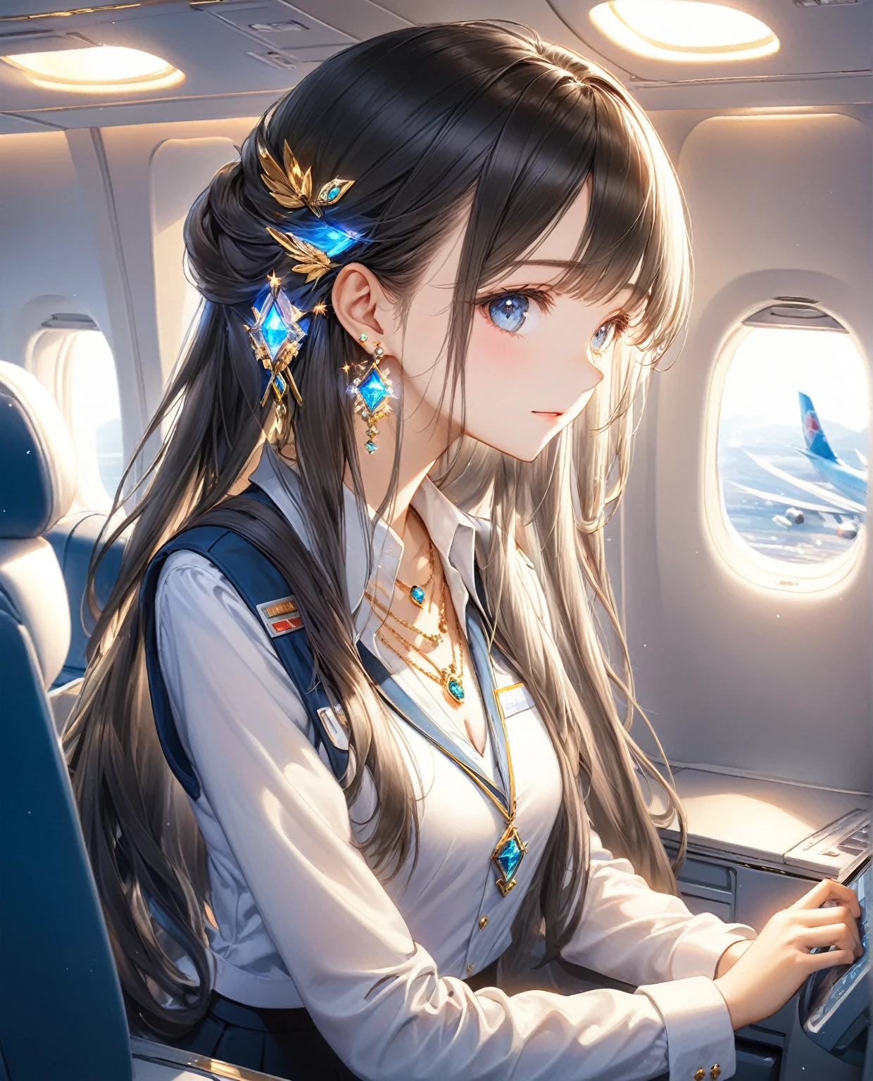 (Highest quality,8k,32K,masterpiece,Ultra-high resolution :1.2 ),born,One girl,Super cute,Natural light,Clear, shining eyes,20-year-old,Fair skin,Fantasy background of the electronic world inside the plane,The noble earrings are shining,The noble necklace shines,Black Hair,Long Hair,Long Straight Hair,Cabin attendant,stewardess