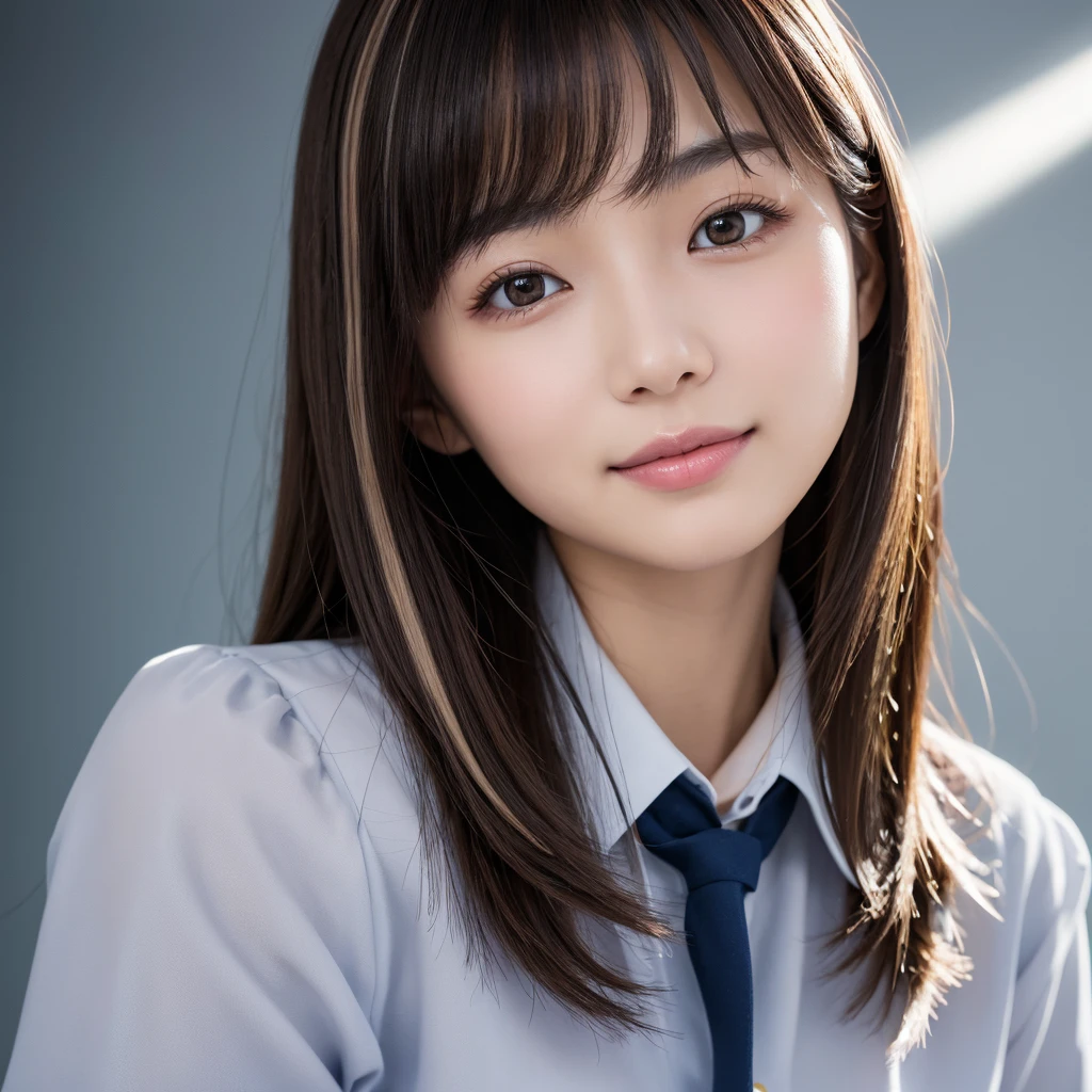 Beautiful Japanese Woman, soft skin and perfect face, A small face with a nose and rosy lips, Beautiful Eyes, Beautiful smile. black, Surrounded by a bright, ethereal glow、Thin, long, beautiful hair. A loose, medium hairstyle with gradation highlights and grey layers, Navy band collar shirt x yellow houndstooth flare skirt, Bright neon colorful background, Hyperrealistic female photos, High quality high resolution 8K masterpiece