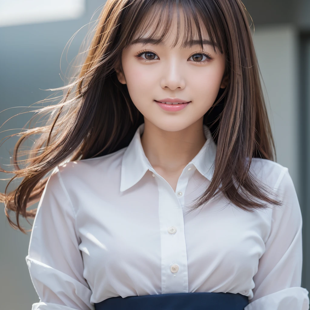 Beautiful Japanese Woman, soft skin and perfect face, A small face with a nose and rosy lips, Beautiful Eyes, Beautiful smile. black, Surrounded by a bright, ethereal glow、Thin, long, beautiful hair. A loose, medium hairstyle with gradation highlights and grey layers, Navy band collar shirt x yellow houndstooth flare skirt, Bright neon colorful background, Hyperrealistic female photos, High quality high resolution 8K masterpiece