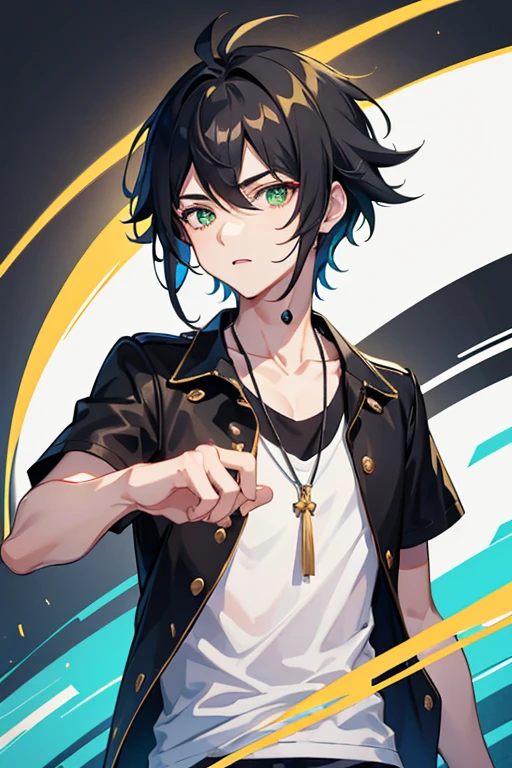Xiao from Genshin Impact, boy ,16 years old, black hair, green eyes, open white vest, black t-shirt, necklace with a golden cross, blue jeans, looking in profile directly at the viewer, white background