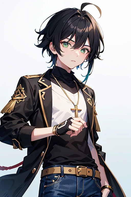 Xiao from Genshin Impact, boy ,16 years old, black hair, green eyes, open white vest, black t-shirt, necklace with a golden cross, blue jeans, looking in profile directly at the viewer, white background