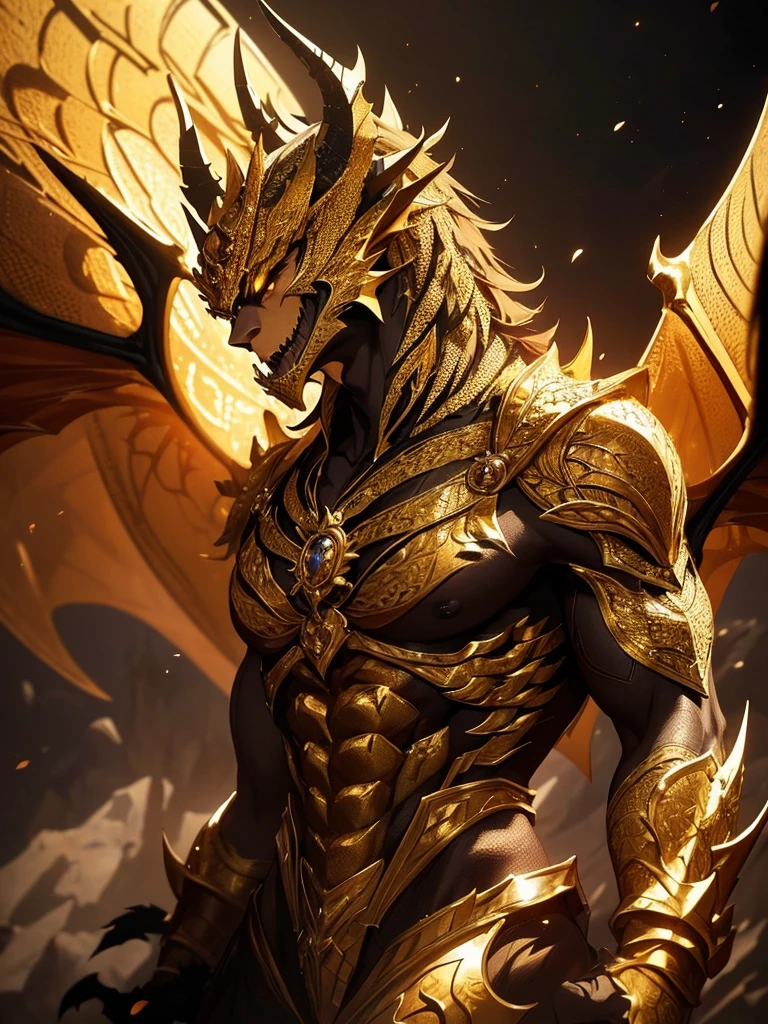 intricate golden and black dragon, dramatic lighting, highly detailed, cinematic composition, 4k, photorealistic, chiaroscuro, dramatic shadows, powerful and majestic dragon, glowing golden scales, ebony horns, talons, fierce expression, muscular dragon body, atmospheric environment, moody lighting, rich textures, cinematic angles, volumetric lighting, dramatic atmosphere, epic fantasy, breathtaking realism