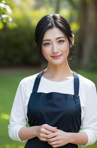 (Highest quality、Tabletop、8k、Best image quality、Award-winning works)、Beautiful woman、female portrait photography、Glowing Skin、Standing Elegantly、(Long sleeve T-shirt, apron, Childminder, nursery school:1.2)、Perfect Face、Beautiful and shining eyes、(Look at me tenderly:1.2)、Sweaty face、Glowing Beautiful Skin、No makeup、 Short black hair