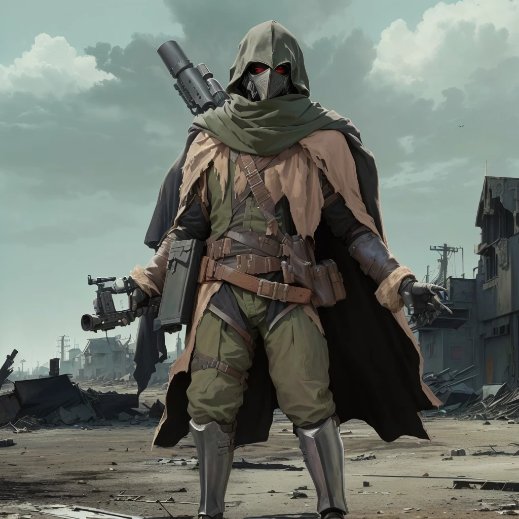 arafed image of a man in a plague doctor mask and a plague doctor mask on his head, dystopian bounty hunter, wearing cloak on blasted plain, post - apocalyptic scavenger, standing in wasteland, symmetrical dieselpunk warrior, hooded cloaked scavenger, postapocalyptic explorer, in a dark space mercenary outfit, ( highly detailed figure ), cloak made from black feathers, weird crow mask, gloves with claws, gun behind shoulder, wearing a shawl, army gear