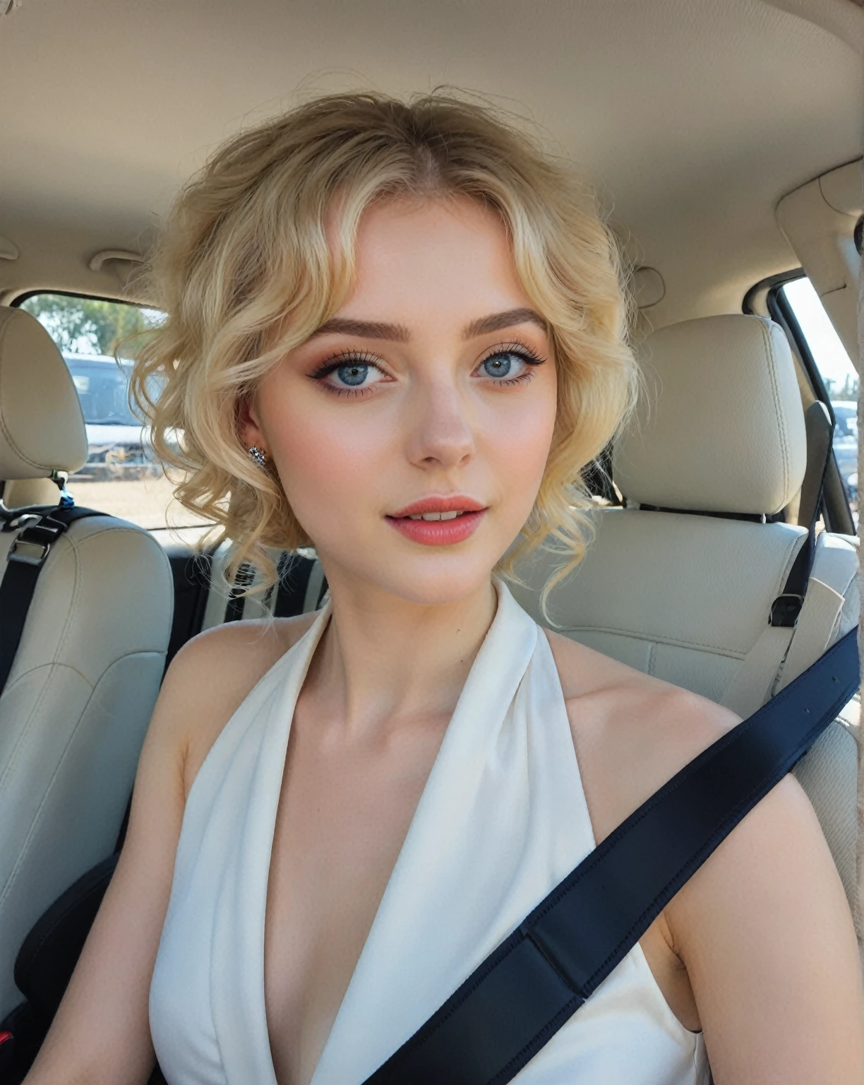 Closeup of a woman in a car with a seat belt, blonde hair and big eyes, Yelena Belova, Amazing beauty, Portrait Sophie Mudd, Anastasia Ovchinnikova, Instagram Template, Anna Nikonova aka Newmilky, pale skin curly blonde hair, perfect face ), Anne of arms, extremely beautiful face, a beautiful blonde