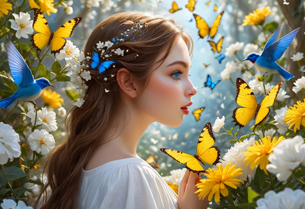 Red cheeks,beautiful,Elf,Brown Hair,blue eyes,Licking back view,Looking at this,White skin,White clothes,Flowers spread all over the place,Blue birds and yellow butterflies flying around