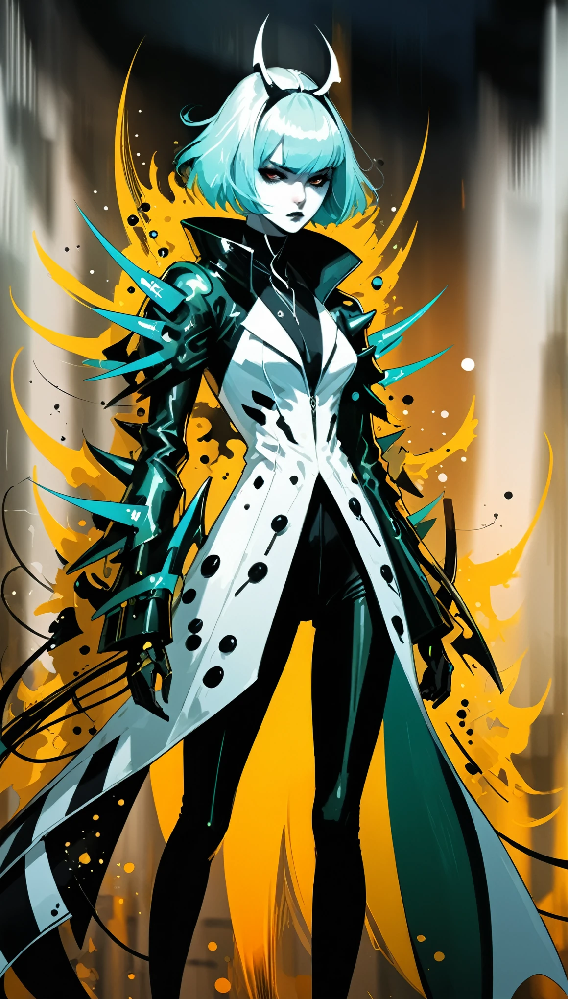 {in style of Hans Hartung},{in style of Heinrich Lefler},in style of Ilya Kuvshinov,in style of Adrian Ghenie,in style of Adrian Tomine,[in style of Amanda Clark:0.7],in style of Aubrey Beardsley
character concept design,(1girl:1.4),(\gaussian blur:2),biopunk high battle queen,evil atmosphere