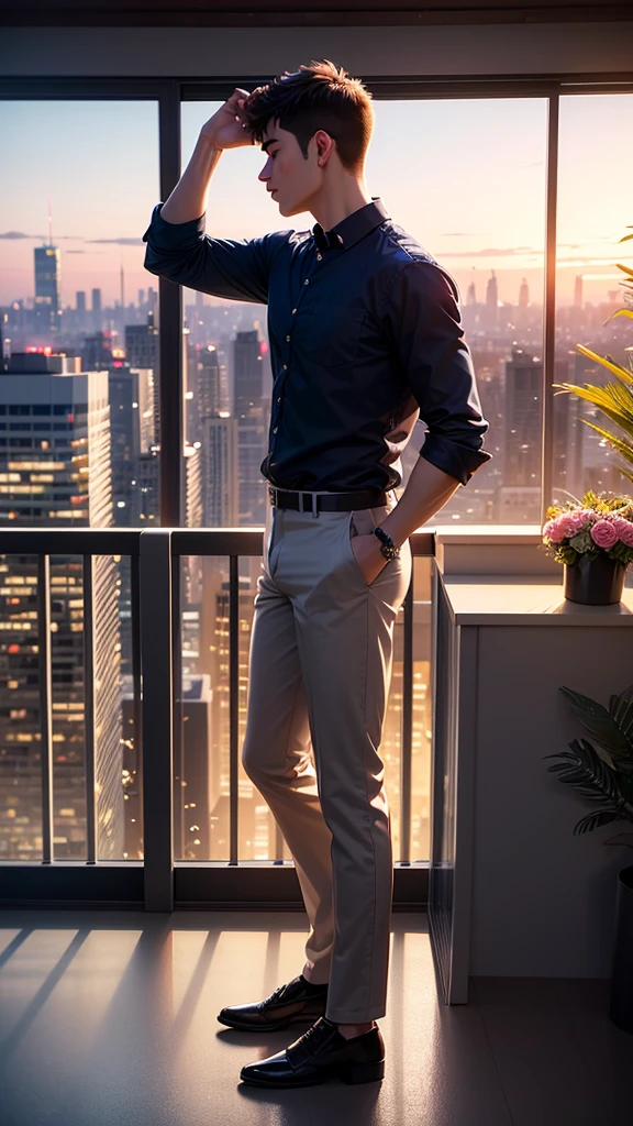 A man is standing on his balcony looking at the colorful sky above a city with skyscrapers. Young man enjoying relaxing alone time in a room with flowers and plants, a quiet moment captured with a city sunset in the background