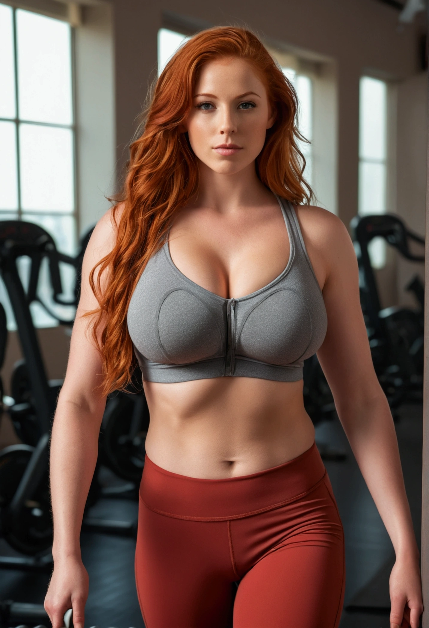 photography of 1 stunning 25 year old redhead long hair girl, curvy full body picture, extra busty breasts, sensual pose, big nipples, photorealistic, photography, spectacular lighting, gorgeous,(((d-cup bust))) shear wet gym tank top, cleavage, gym photoshoot, western, (masterpiece), best quality, high resolution, extremely detailed, tan skin with pores, cinematic lighting Completed, long hair, gym background, shear see through yoga pants, wearing no bra, extreme camel toe, facing camera, showing feet, model slim body, full body shot standing, red hair