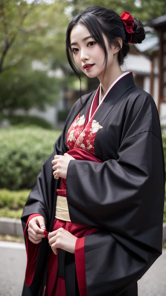 masterpiece, best quality, high quality, extremely detailed CG unity 8k wallpaper, 2girl, black kimono, black legwear, black ribbon, black hair, night, hair bun, hair ribbon, japanese clothes, kimono, long hair, looking at viewer, looking back, single girl, obi, outdoors, red eyes, red hair, ribbon, sandals, single hair bun, red eyes, beautiful girl,