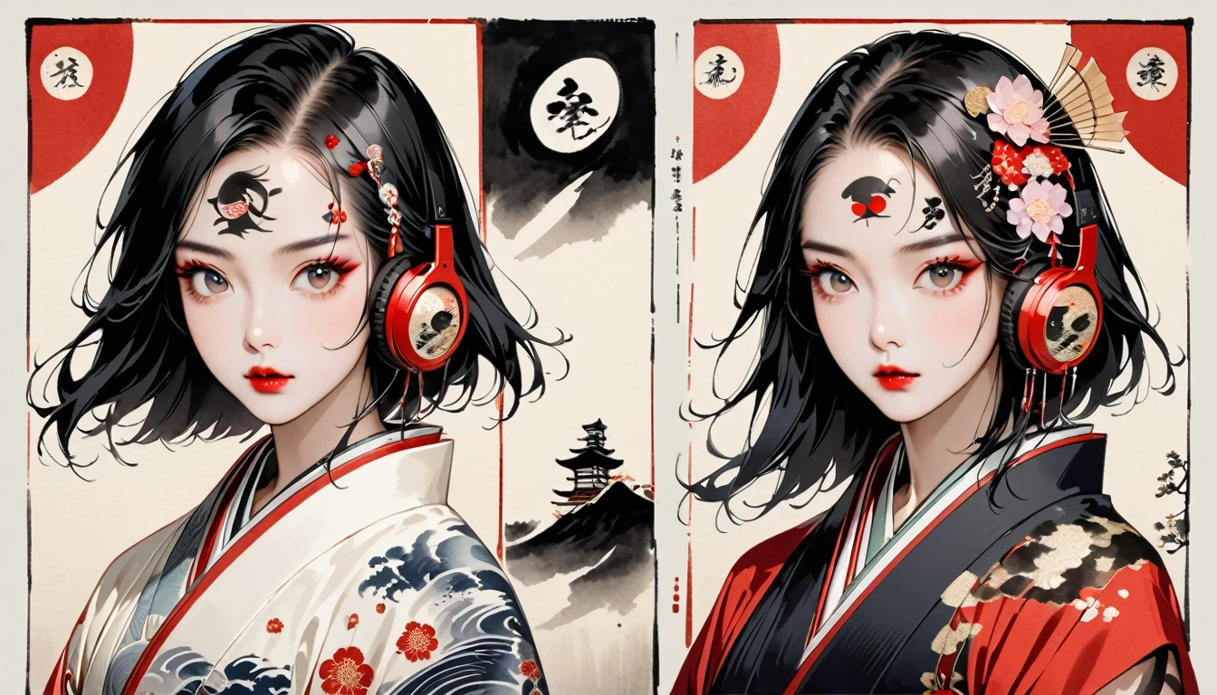 (((Ink Painting))), Fashion portrait color photos, (((twins))), (((Tattoo in the center of the forehead))), (((Very flashy hair accessories))), (((Very flashy makeup))), Japanese style headphones, Bob, front view, Japan人の美少女, Black Hair, Delicate and precise, Modern ukiyo-e style,Japan, Japanese flag