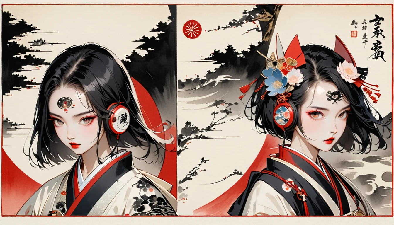 (((Ink Painting))), Fashion portrait color photos, (((twins))), (((Tattoo in the center of the forehead))), (((Very flashy hair accessories))), (((Very flashy makeup))), Japanese style headphones, Bob, front view, Japan人の美少女, Black Hair, Delicate and precise, Modern ukiyo-e style,Japan, Japanese flag