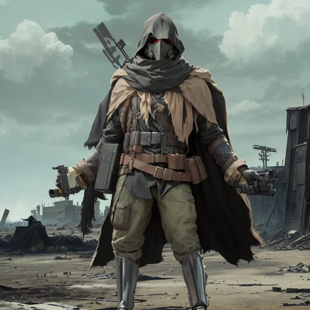 arafed image of a man in a plague doctor mask and a plague doctor mask on his head, dystopian bounty hunter, wearing cloak on blasted plain, post - apocalyptic scavenger, standing in wasteland, symmetrical dieselpunk warrior, hooded cloaked scavenger, postapocalyptic explorer, in a dark space mercenary outfit, ( highly detailed figure ), cloak made from black feathers, weird crow mask, front facing mask, gloves with claws, gun behind shoulder, wearing a shawl, army gear