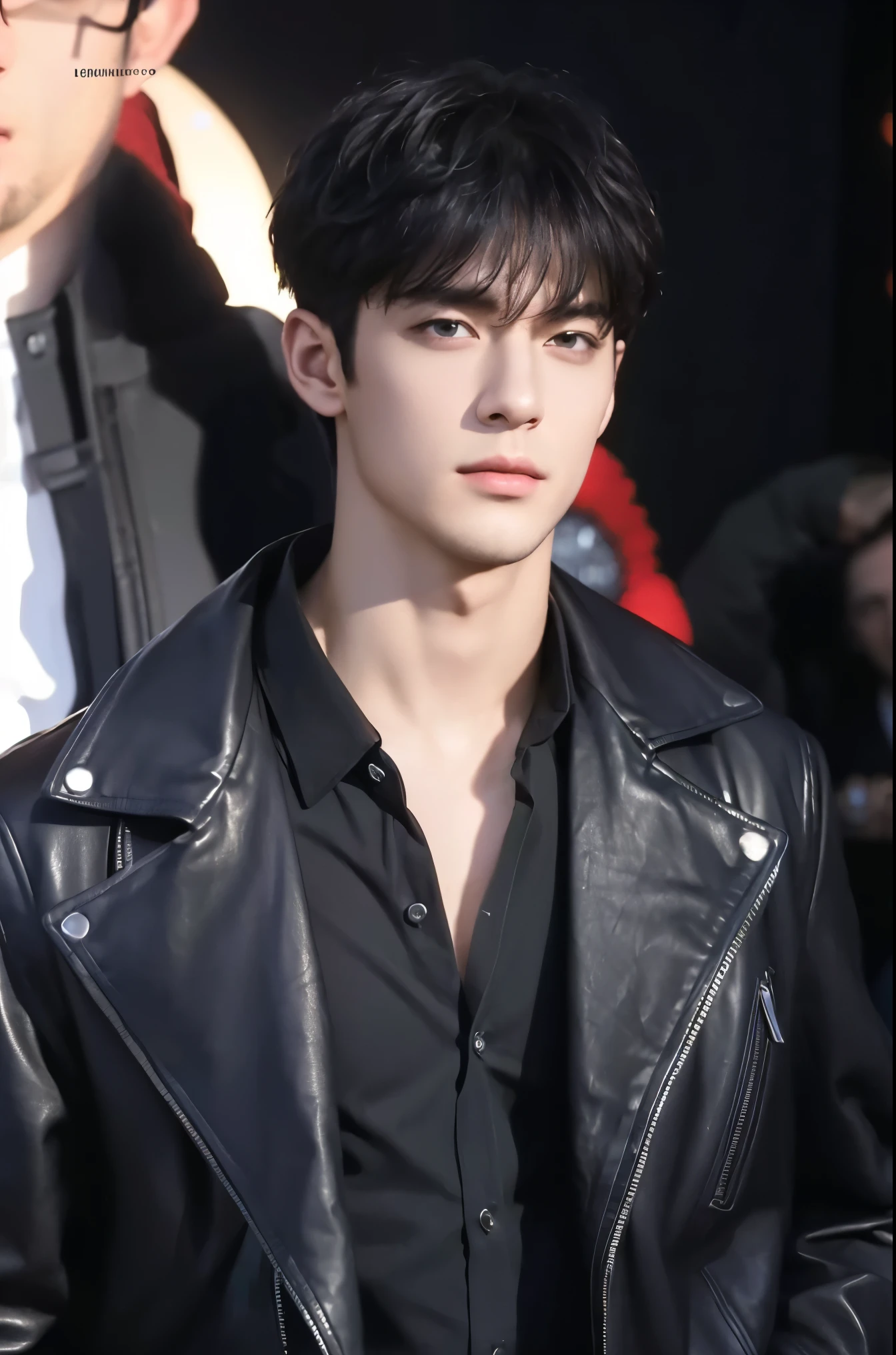 4k, high resolution, best quality, masterpiece, perfect color, perfect shade, perfect lighting, Posted by e621, ((portrait)), ((handsome man)), perfect male figure, Short hair details,Detailed face, perfect face, (stood up), Detailed background, ((Bonifasco Lighting)),black hair, wearing black leather jacket, purple eyes,
