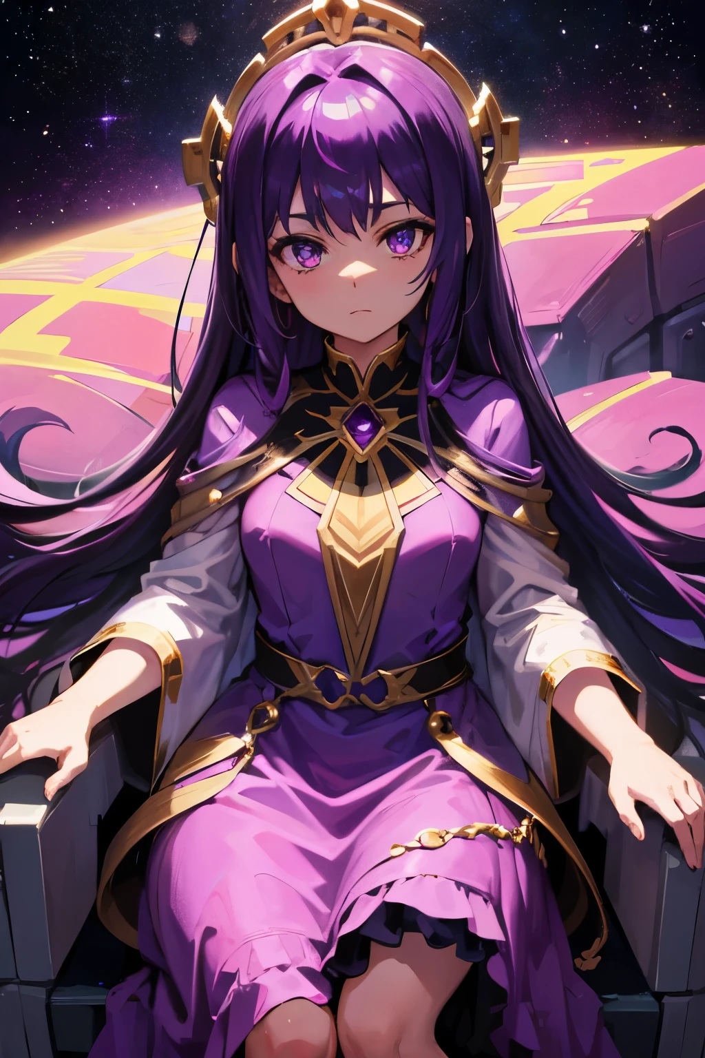 Gemstones Space Background　Sitting on the throne　Purple Hair　Purple Eyes　Purple Dress　beautiful girl　Detailed face