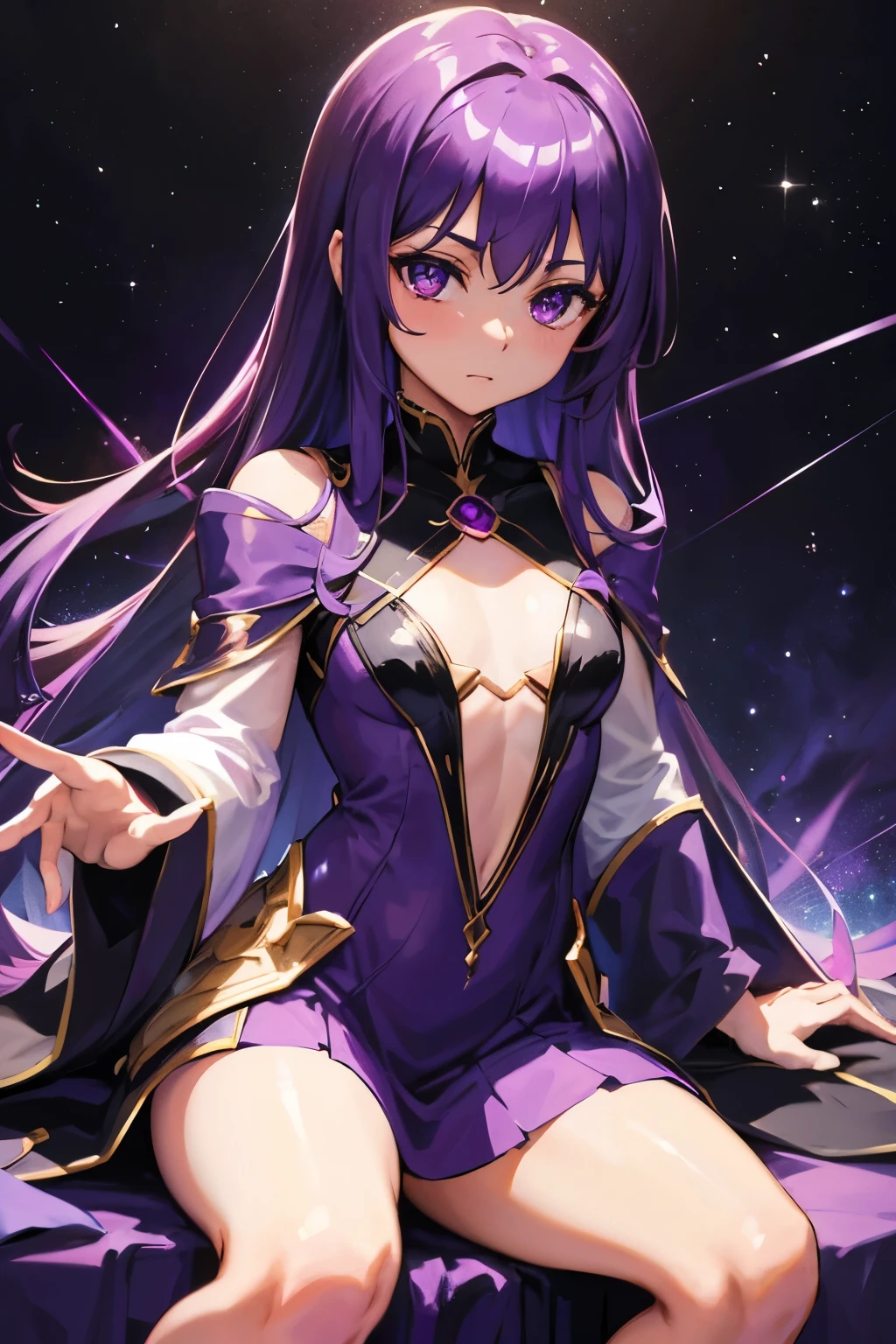 Gemstones Space Background　Sitting on the throne　Purple Hair　Purple eyes　Purple Dress　beautiful girl　looking at viewers,