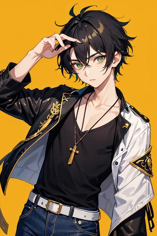 Xiao from Genshin Impact, boy ,16 years old, black hair, green eyes, open white vest, black t-shirt, necklace with a golden cross, blue jeans, looking in profile directly at the viewer, white background
