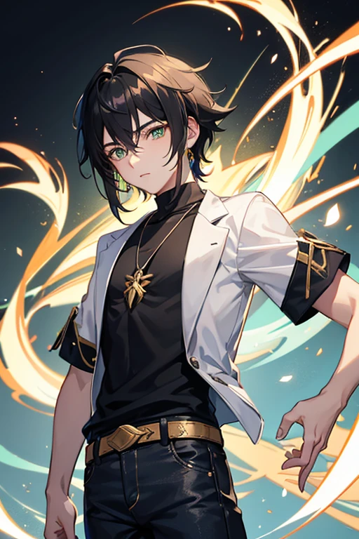 Xiao from Genshin Impact, boy ,16 years old, black hair, green eyes, open white vest, black t-shirt, necklace with a golden cross, blue jeans, looking in profile directly at the viewer, white background