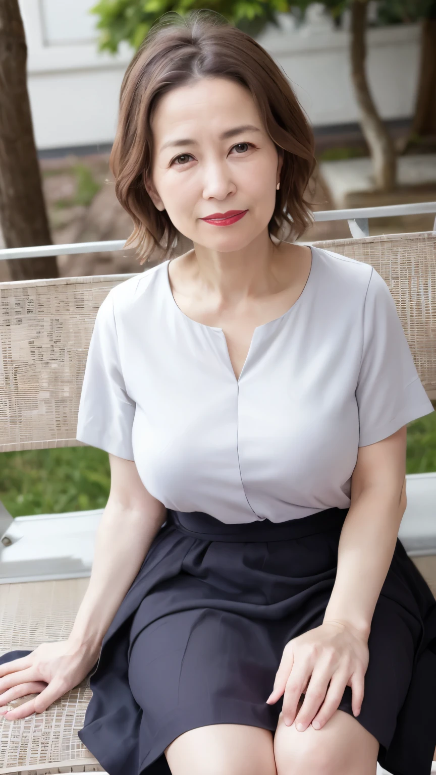 sitting on a park bench, Wrinkles around the eyes, Smiling with teeth showing, Plain short-sleeved clothing, senior citizen, Draw lips correctly, Red lipstick, No discomfort, 16K, Highest quality, Very detailed, Realistic, Very detailed肌, Japanese, alone, 60 years old, Large Breasts, , Glamour, sexy, , Staring straight ahead,