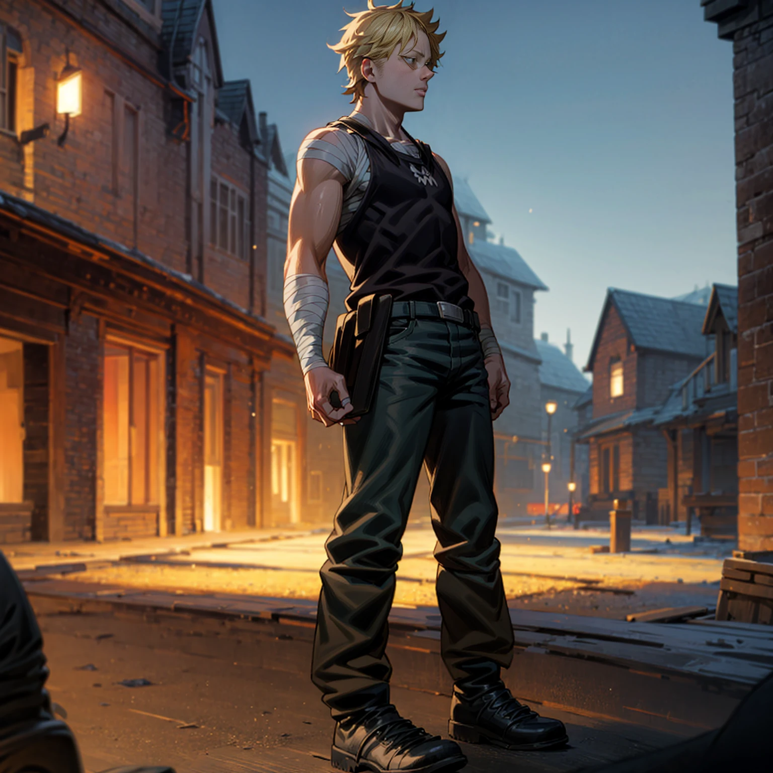 Solo character, full body version, aged man, blonde hair, short haircut, Very tall, black singlet, jeans, bandage, shoes, evening, outdoor, town, (black clover style)