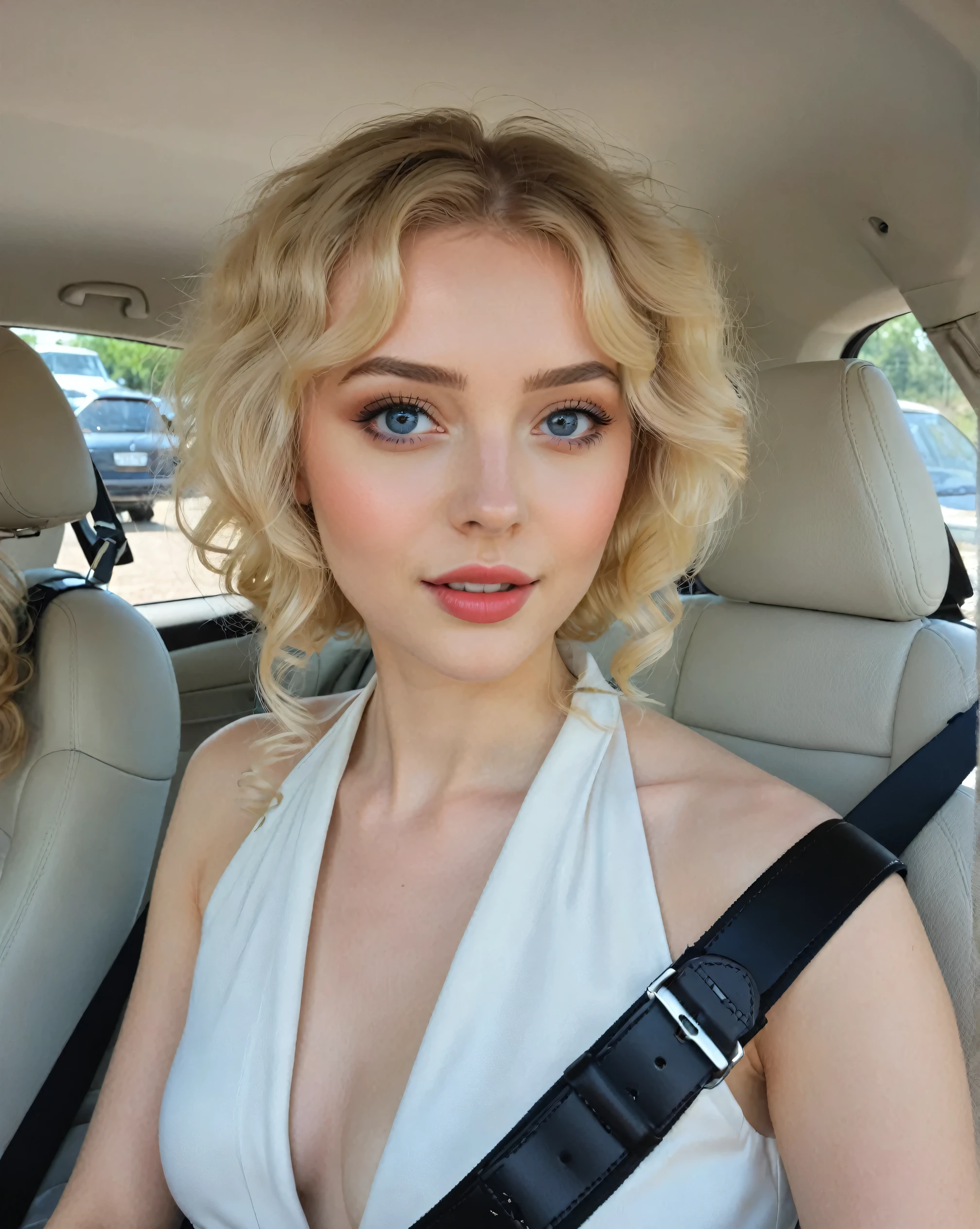 Closeup of a woman in a car with a seat belt, blonde hair and big eyes, Yelena Belova, Amazing beauty, Portrait Sophie Mudd, Anastasia Ovchinnikova, Instagram Template, Anna Nikonova aka Newmilky, pale skin curly blonde hair, perfect face ), Anne of arms, extremely beautiful face, a beautiful blonde