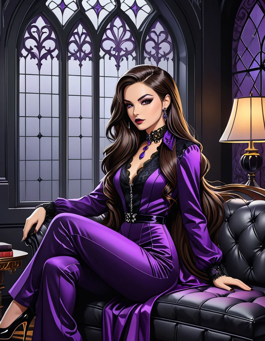 A striking colorful illustration of an Brunette American woman with long straigh hair sitting on a gray tufted ottoman wearing a purple stylish jumpsuit with gothic jewelry and a confident expression,nose and left eyebrow piercing,dark make up,There is a whimsically decorated dark living room with a black barred window in the background,highlighting her gothic style and presence, glossy padded black wall, striking pattern, victorian style, gothic aesthetic.Perfect composition,right proportions,right anatomy,best quality,masterpiece