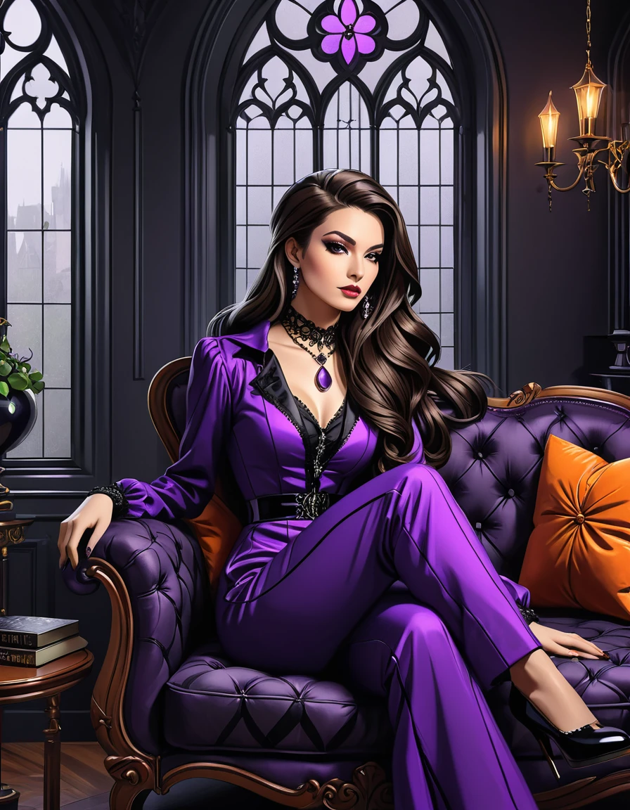 A striking colorful illustration of an Brunette American woman with long straigh hair sitting on a gray tufted ottoman wearing a purple stylish jumpsuit with gothic jewelry and a confident expression,nose and left eyebrow piercing,dark make up,There is a whimsically decorated dark living room with a black barred window in the background,highlighting her gothic style and presence, glossy padded black wall, striking pattern, victorian style, gothic aesthetic.Perfect composition,right proportions,right anatomy,best quality,masterpiece