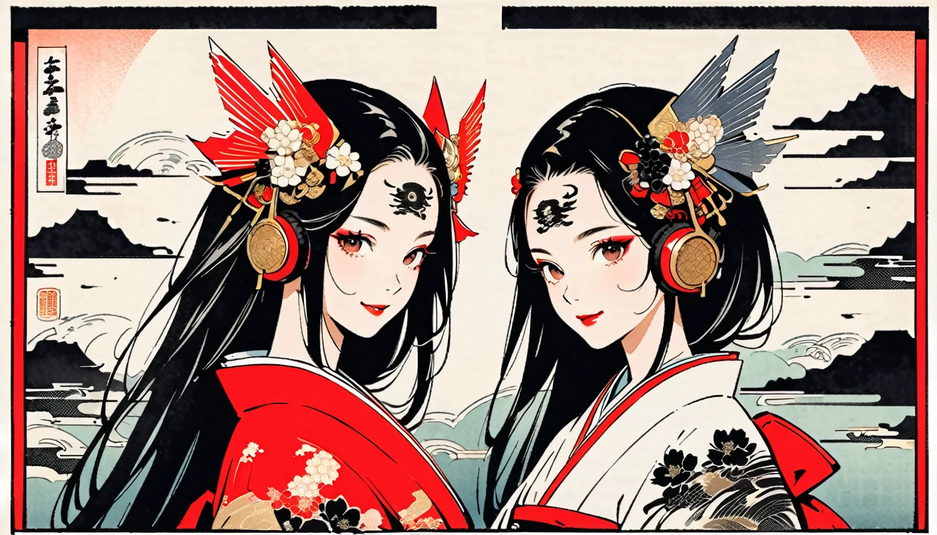(((Ink Painting))), Fashion portrait color photos, (((twins))), (((Tattoo in the center of the forehead))), (((Very flashy hair accessories))), (((Very flashy makeup))), Japanese style headphones, smile, front view, Japan人の美少女, Black Hair, Delicate and precise, Modern ukiyo-e style,Japan, Japanese flag