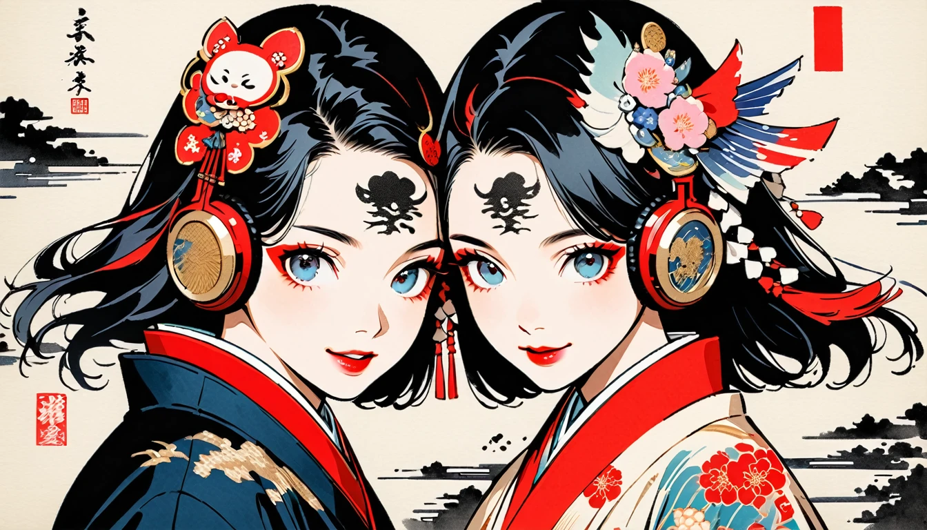 (((Ink Painting))), Fashion portrait color photos, (((twins))), (((Tattoo in the center of the forehead))), (((Very flashy hair accessories))), (((Very flashy makeup))), Japanese style headphones, smile, front view, Japan人の美少女, Black Hair, Delicate and precise, Modern ukiyo-e style,Japan, Japanese flag