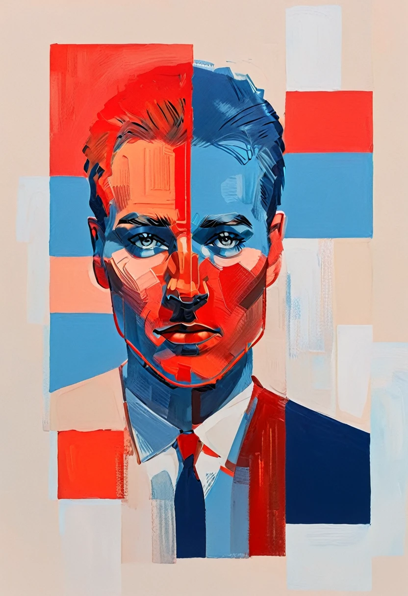 Create a contemporary portrait of a man with sharp features, using a bold and graphic style. Use vibrant, contrasting colors with a strong emphasis on red and blue hues. The background should be a neutral, pale beige or light peach color. The face should be at a slight angle, with clean lines and blocks of color to define the facial structure. Ensure the expression is intense, and the overall composition has a modern, pop-art feel. The painting should capture the interplay between light and shadow with striking contrasts.