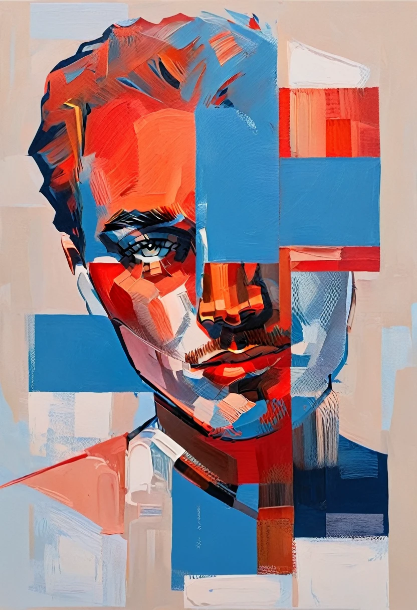 Create a contemporary portrait of a man with sharp features, using a bold and graphic style. Use vibrant, contrasting colors with a strong emphasis on red and blue hues. The background should be a neutral, pale beige or light peach color. The face should be at a slight angle, with clean lines and blocks of color to define the facial structure. Ensure the expression is intense, and the overall composition has a modern, pop-art feel. The painting should capture the interplay between light and shadow with striking contrasts.