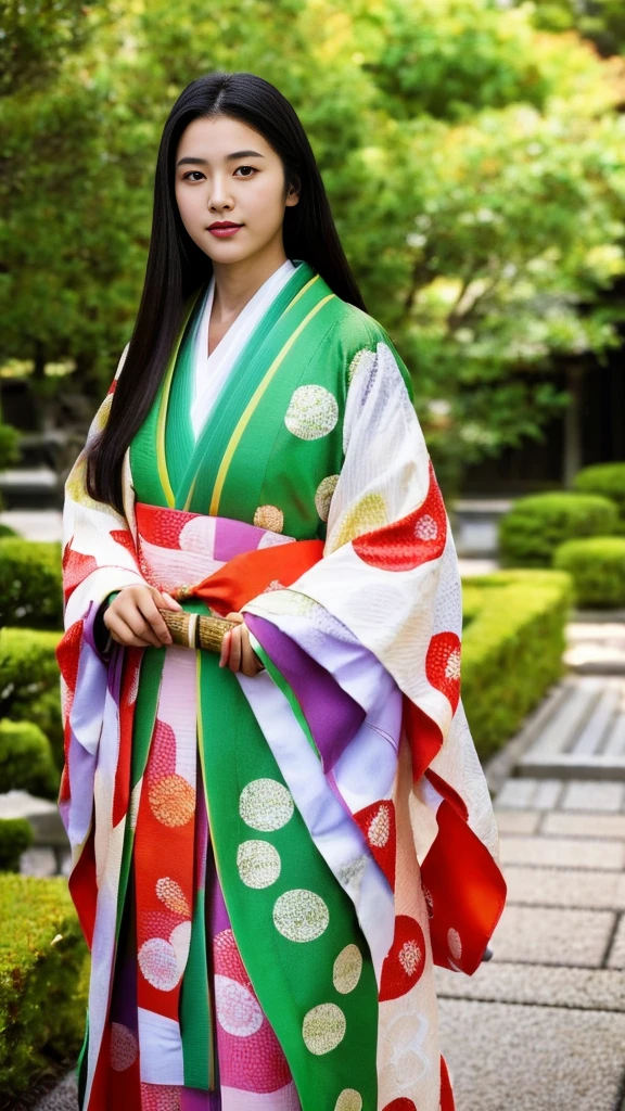 Front view , ((hands strip of paper and Japanese brush)), ((Full-body, standing on garden), a Japanese ancient girl, looking at viewer, beautiful Japanese Young General, girl is 18 years old, (Highly detailed face, Black hair ,Brown eye, Variegated eyes, Fuller lips, little Lips, little smile), (middle breasts, middle hip),(Japanese kimono ), sunrise ,(masterpiece, Highest quality, masterpiece, God-like quality, Godly art,Very realistic)