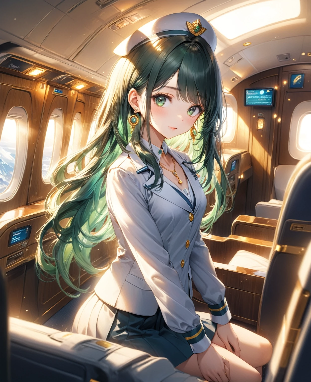 (Highest quality,8k,32K,masterpiece,Ultra-high resolution :1.2 ),born,One girl,Super cute,Natural light,Clear, shining eyes,20-year-old,Fair skin,Fantasy background of the electronic world inside the plane,The noble earrings are shining,The noble necklace shines,Dark green hair,Long Hair,Cabin attendant,stewardess
