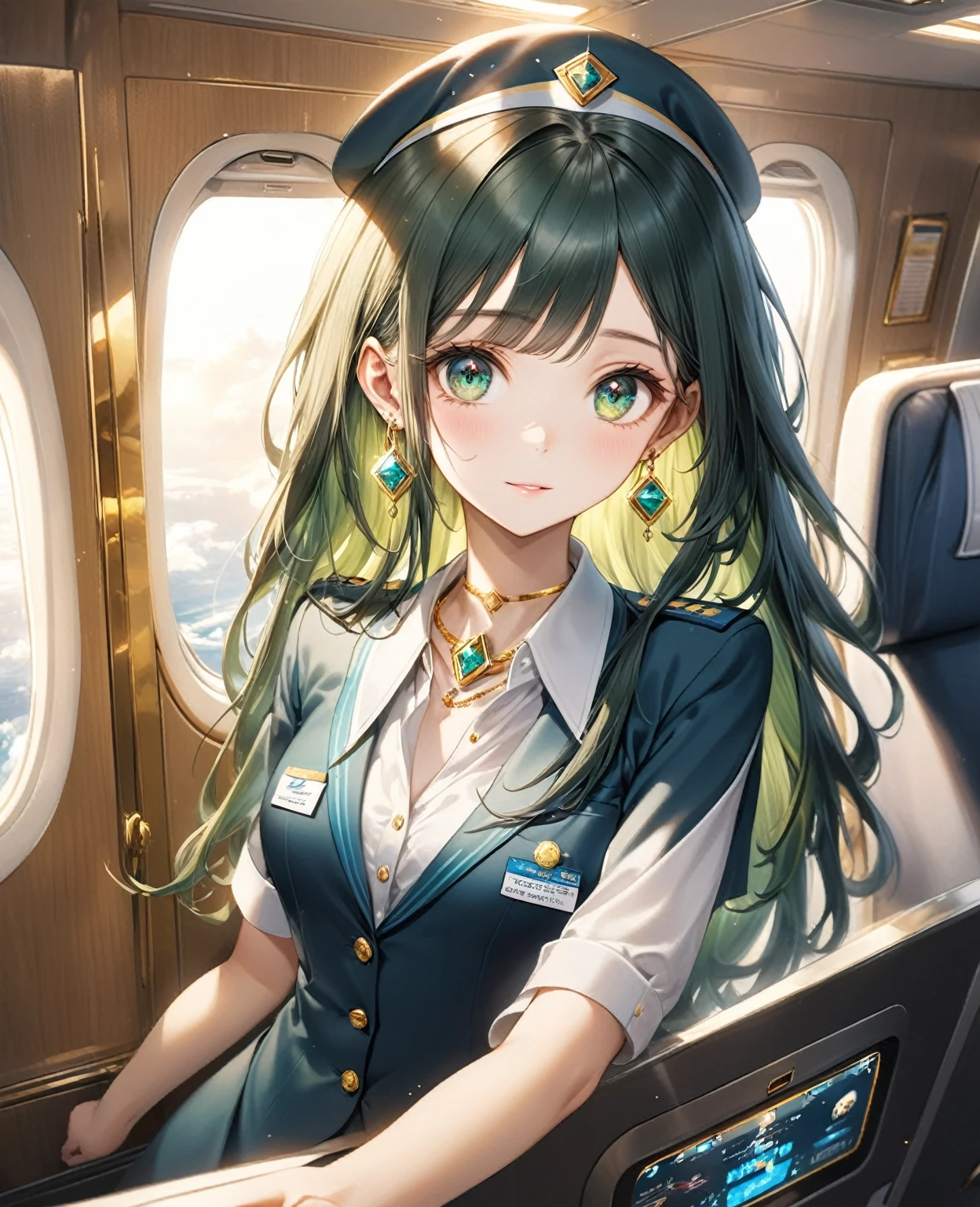 (Highest quality,8k,32K,masterpiece,Ultra-high resolution :1.2 ),born,One girl,Super cute,Natural light,Clear, shining eyes,20-year-old,Fair skin,Fantasy background of the electronic world inside the plane,The noble earrings are shining,The noble necklace shines,Dark green hair,Long Hair,Cabin attendant,stewardess