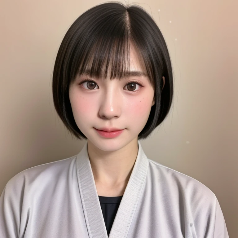 (kawaii 24 year-old Japanese girl, Nogizaka idol, Korean idol, judo player), healthy female athlete body, (glossy black hair, short hair, pixie cut, bangs:1.3), (rounded face, beautiful black eyes, single eyelid, no makeup, serious expression:1.2), (wearing white judo wrestling uniform:1.3), extra small breasts, BREAK, (plain white background:1.2), (facing straight at camera, id photo, yearbook photo, bust shot:1.2),  BREAK, (masterpiece, best quality, photo realistic, official art:1.4), (UHD, 8K quality wallpaper, high resolution, raw photo, golden ratio:1.3), (shiny skin), professional lighting, physically based rendering, award winning, (highly detailed skin, extremely detailed face and eyes), Carl Zeiss 85 mm F/1.4, depth of field, 1girl, solo,