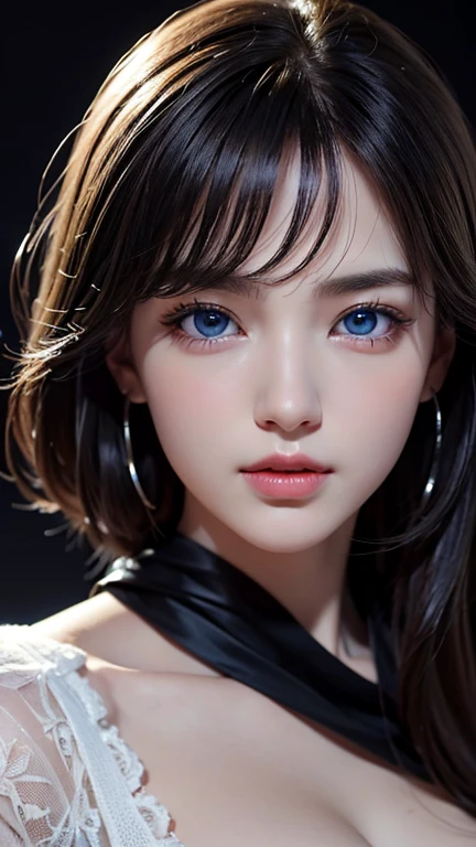 masterpiece, Highest quality, Very detailedな, To the camera, 複雑に詳細なVery detailedな, Realistic, Sharp features, Very detailed, Sharp focus, Perfect Face, Perfect Face, Perfect symmetry and perfect eyes, Perfect Plump Lips, Flexible female form, Cinematic, Film Light, Very detailedな, hyper Realistic, masterpiece, Atmospheric, High resolution, Vibrant, Dynamic Studio Lighting, ((Dark Background)), The expression when enduring pleasure, Straight bangs, blue eyes,Black sweater, Cowboy Shot,I can see her cleavage、Round 1